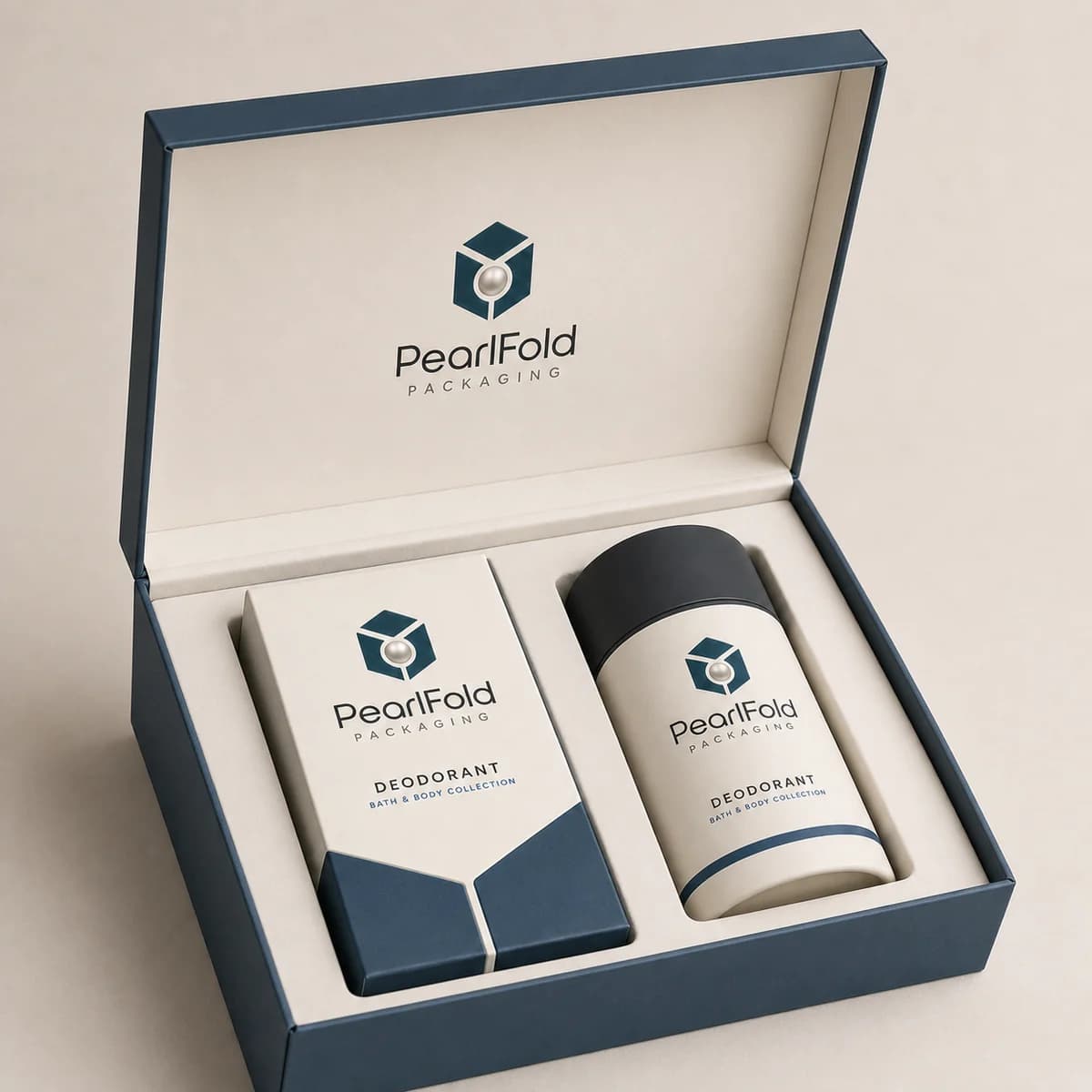 Open custom deodorant box showing its fitted insert and product presentation