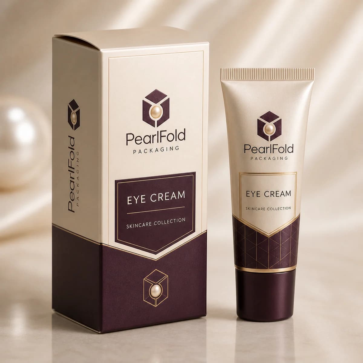 Custom eye cream packaging shown from a three-quarter side angle