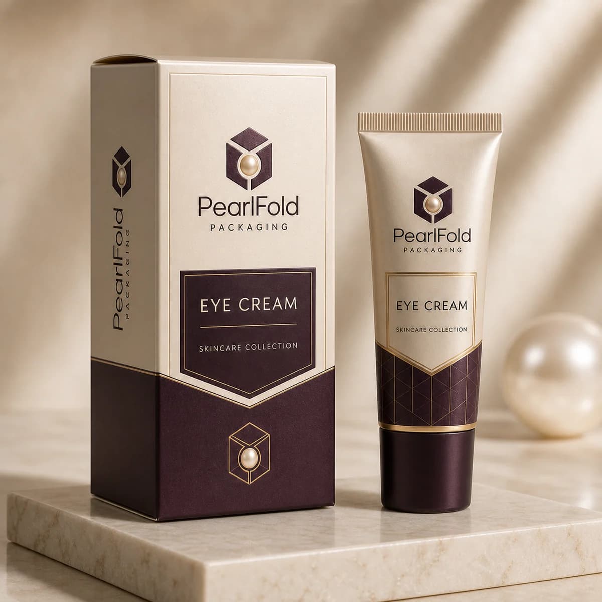 Custom eye cream box in a premium square retail styling scene