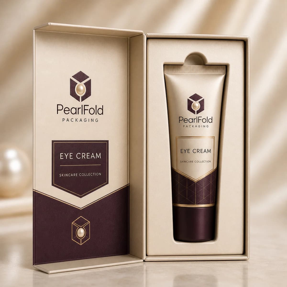 Open custom eye cream box showing its fitted insert and product presentation
