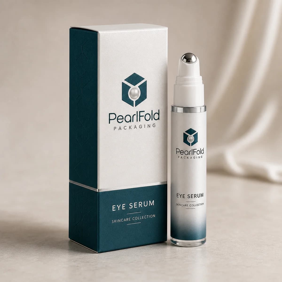 Custom eye serum packaging shown from a three-quarter side angle