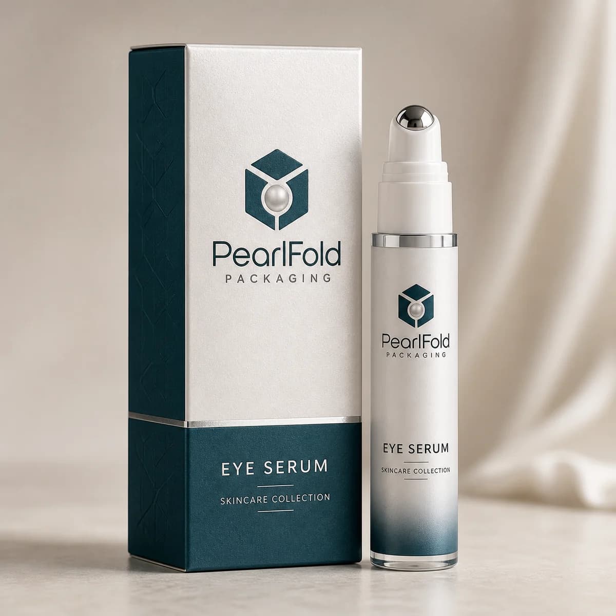Custom eye serum box with matching product in a square studio photograph