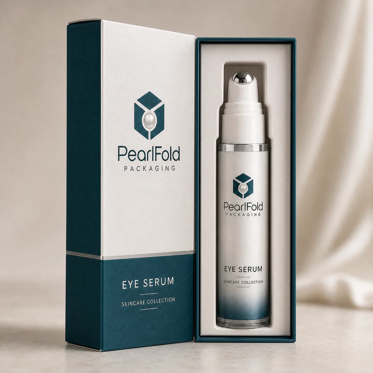 Open custom eye serum box showing its fitted insert and product presentation