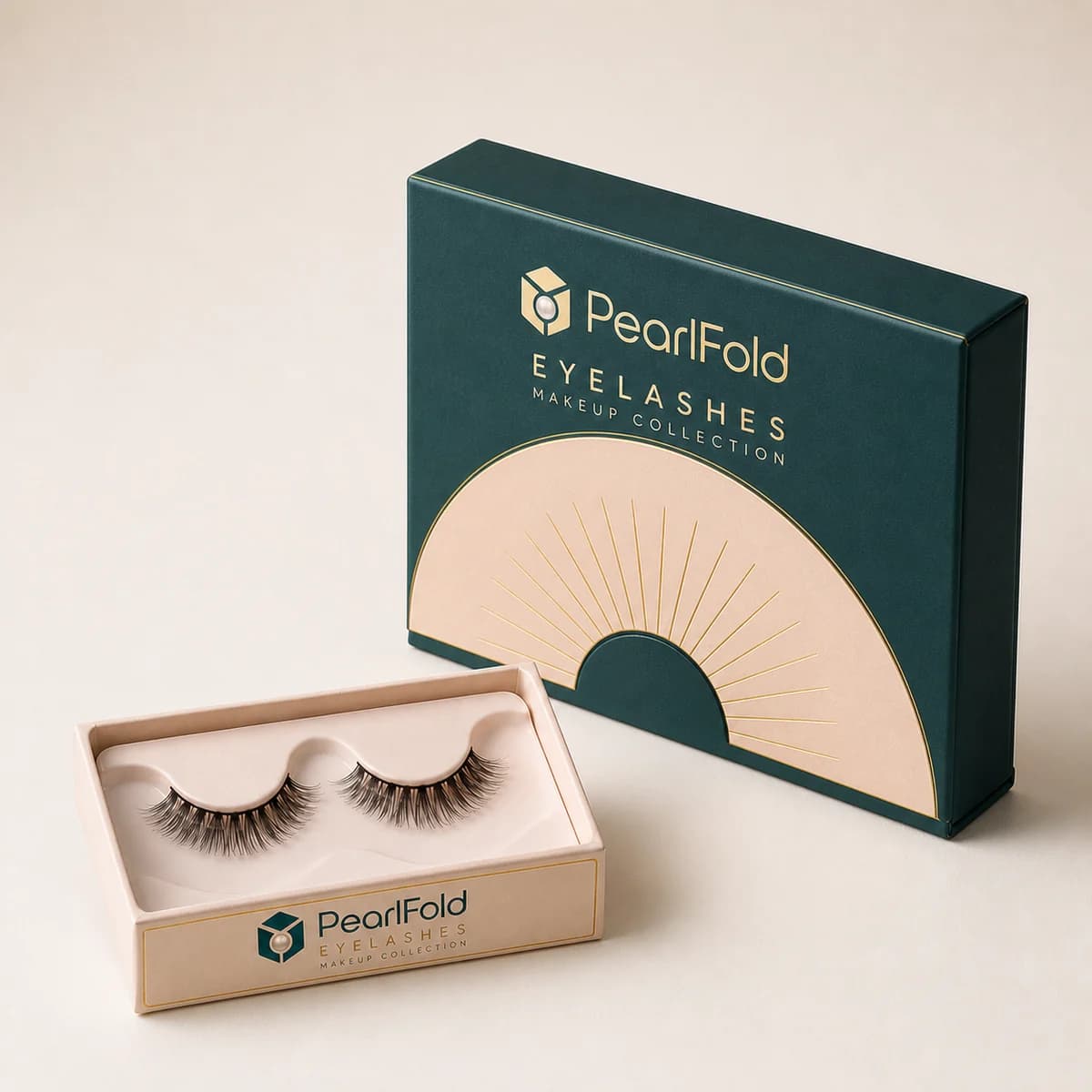 Custom eyelash packaging shown from a three-quarter side angle