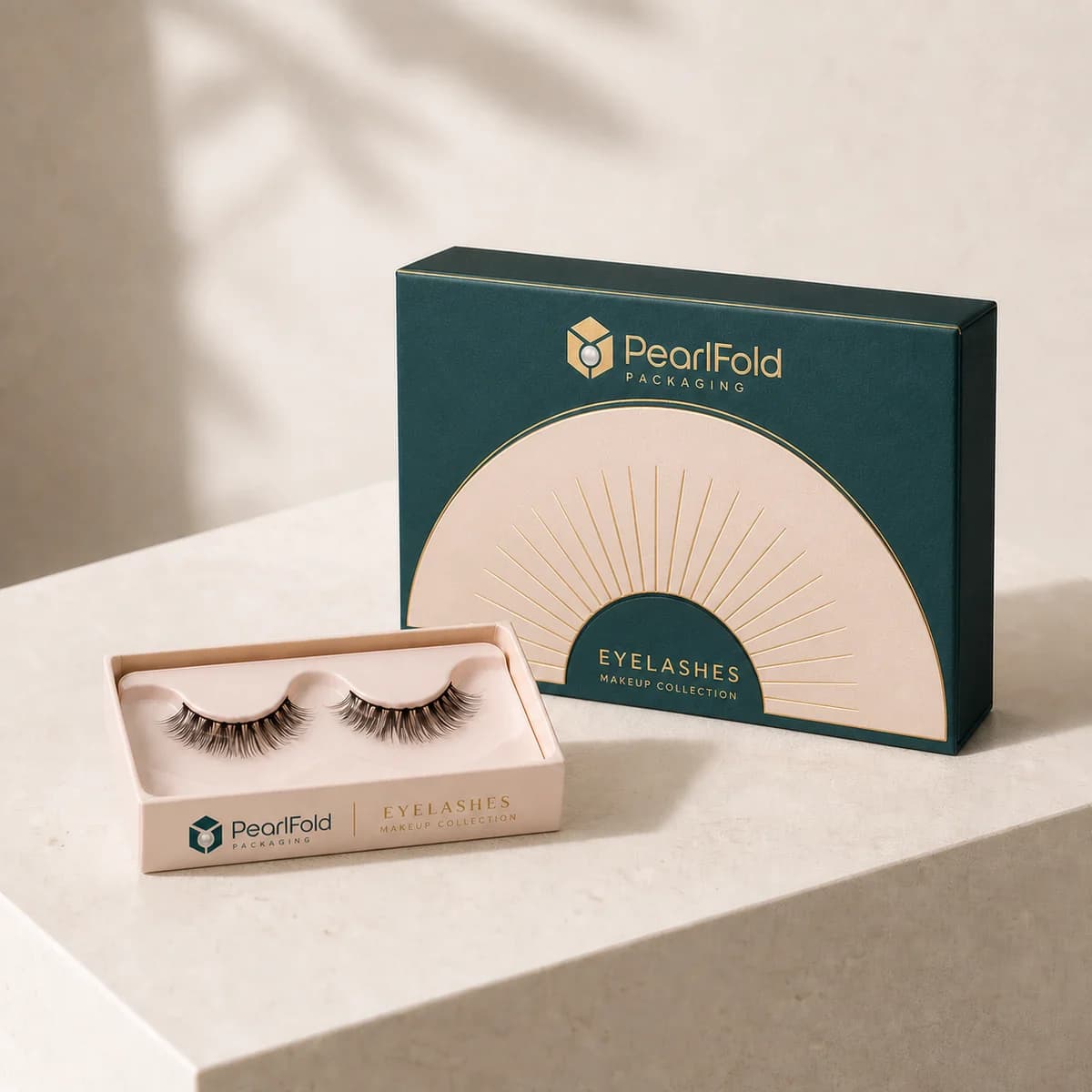 Custom eyelash box in a premium square retail styling scene