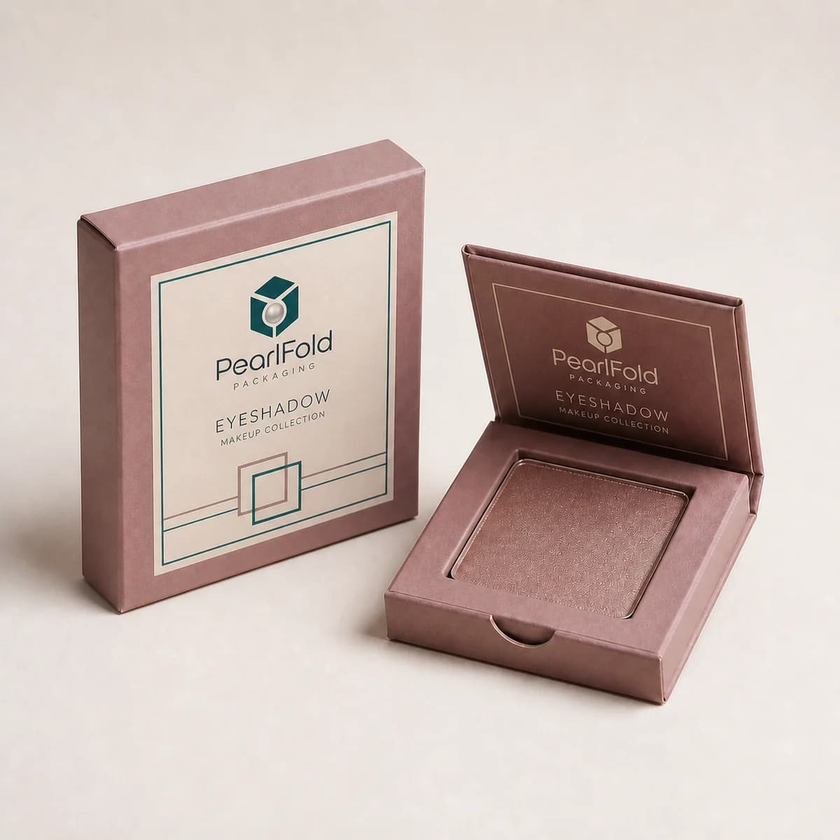 Custom eyeshadow packaging shown from a three-quarter side angle