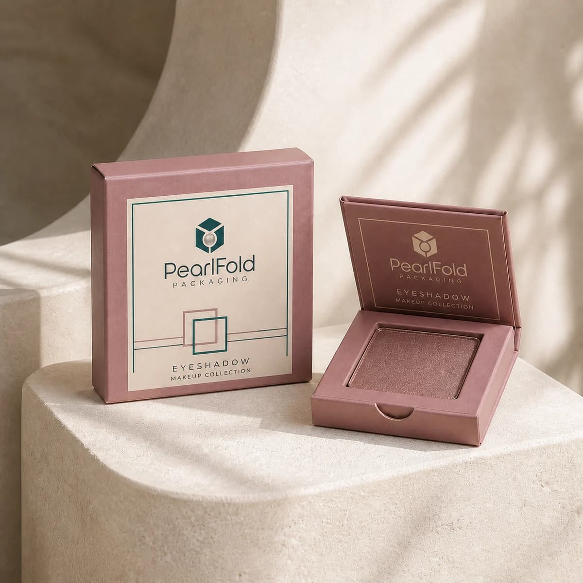 Custom eyeshadow box in a premium square retail styling scene