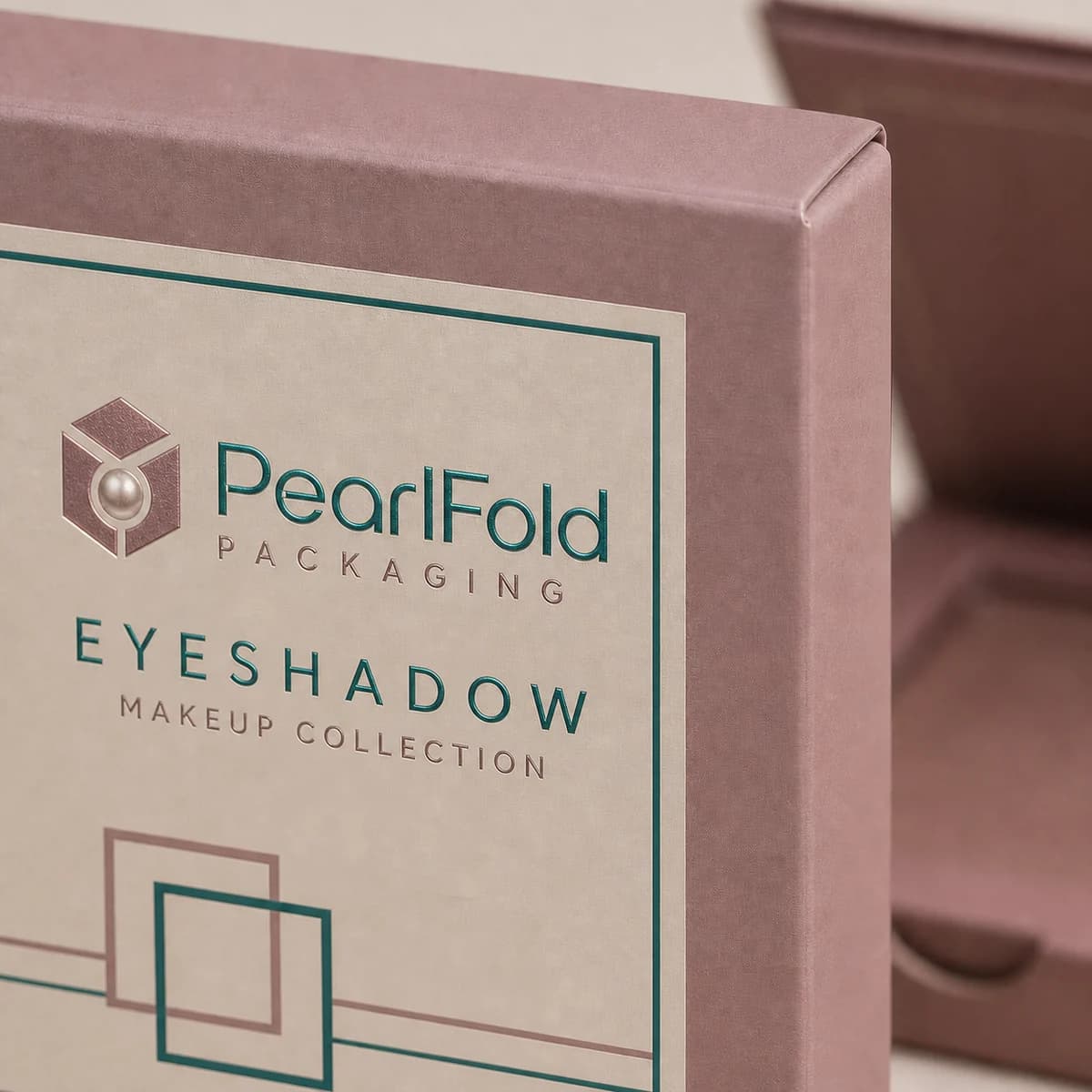 Close-up of custom eyeshadow box paper texture, print detail, and corner construction