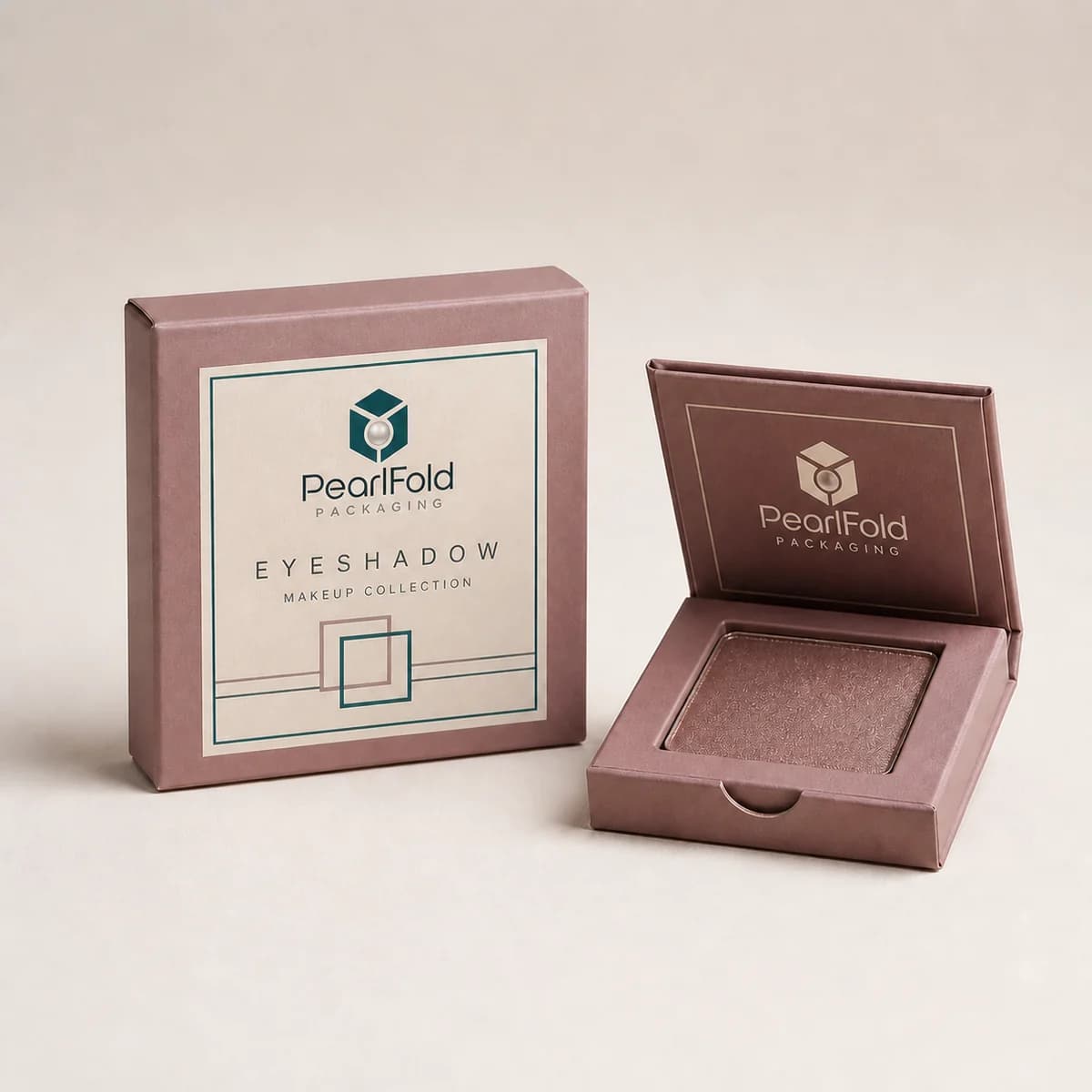 Custom eyeshadow box with matching product in a square studio photograph