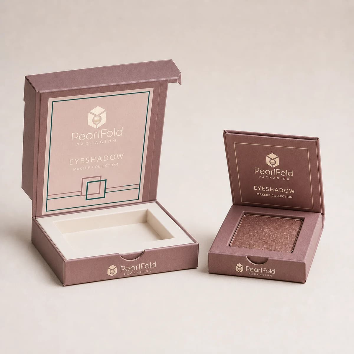 Open custom eyeshadow box showing its fitted insert and product presentation