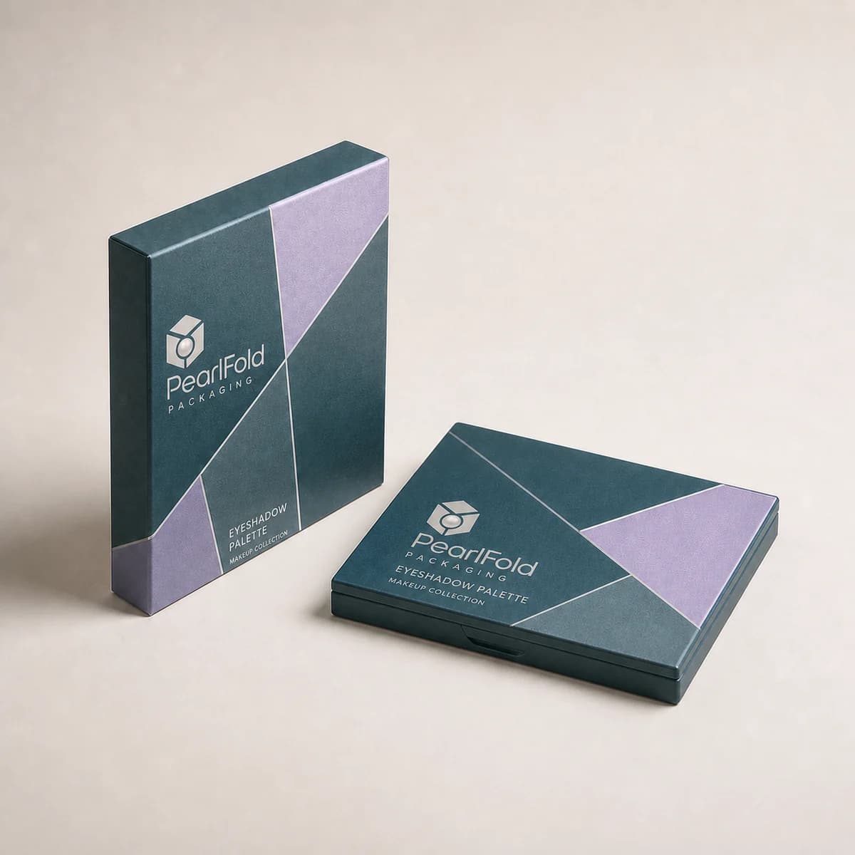 Custom eyeshadow palette packaging shown from a three-quarter side angle