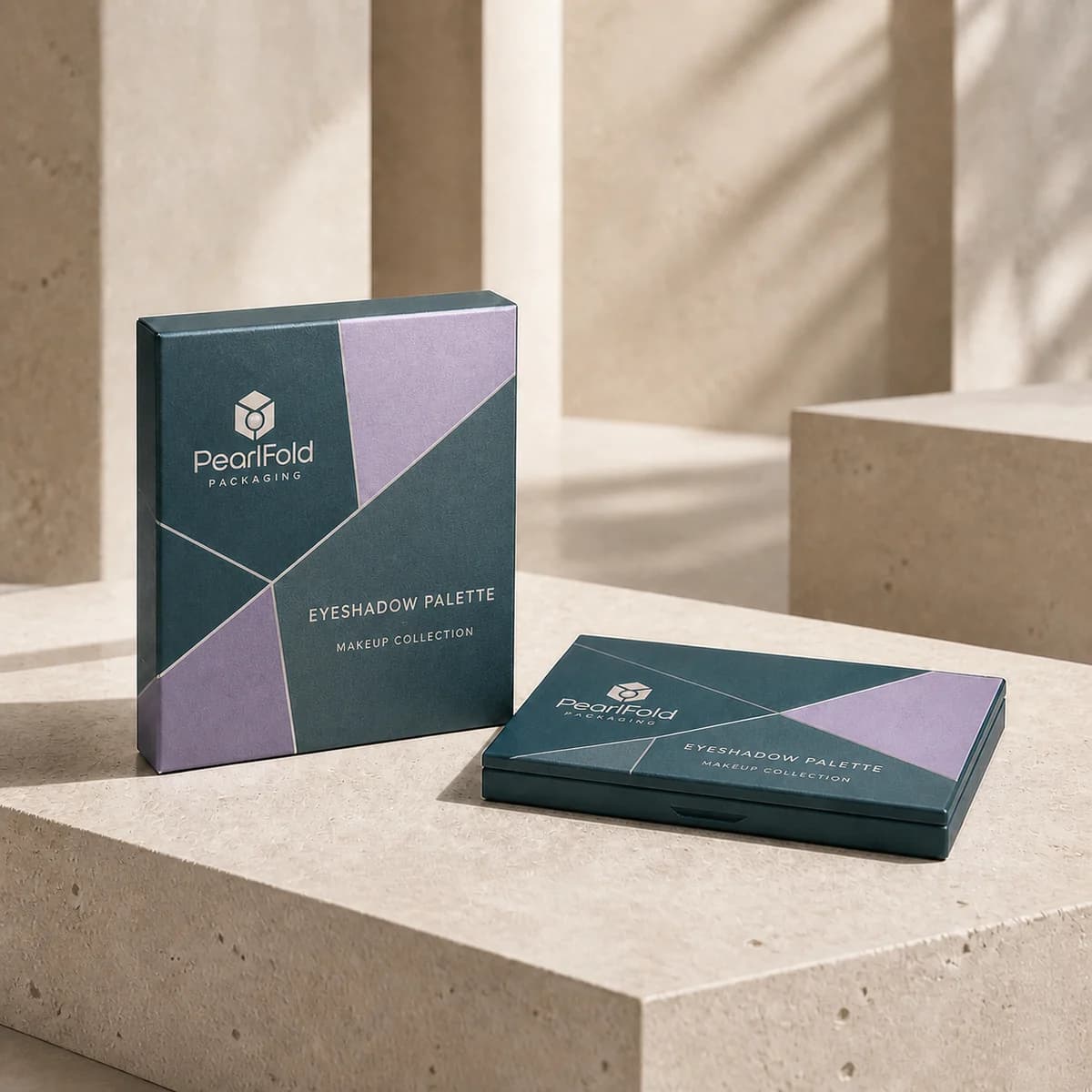 Custom eyeshadow palette box in a premium square retail styling scene