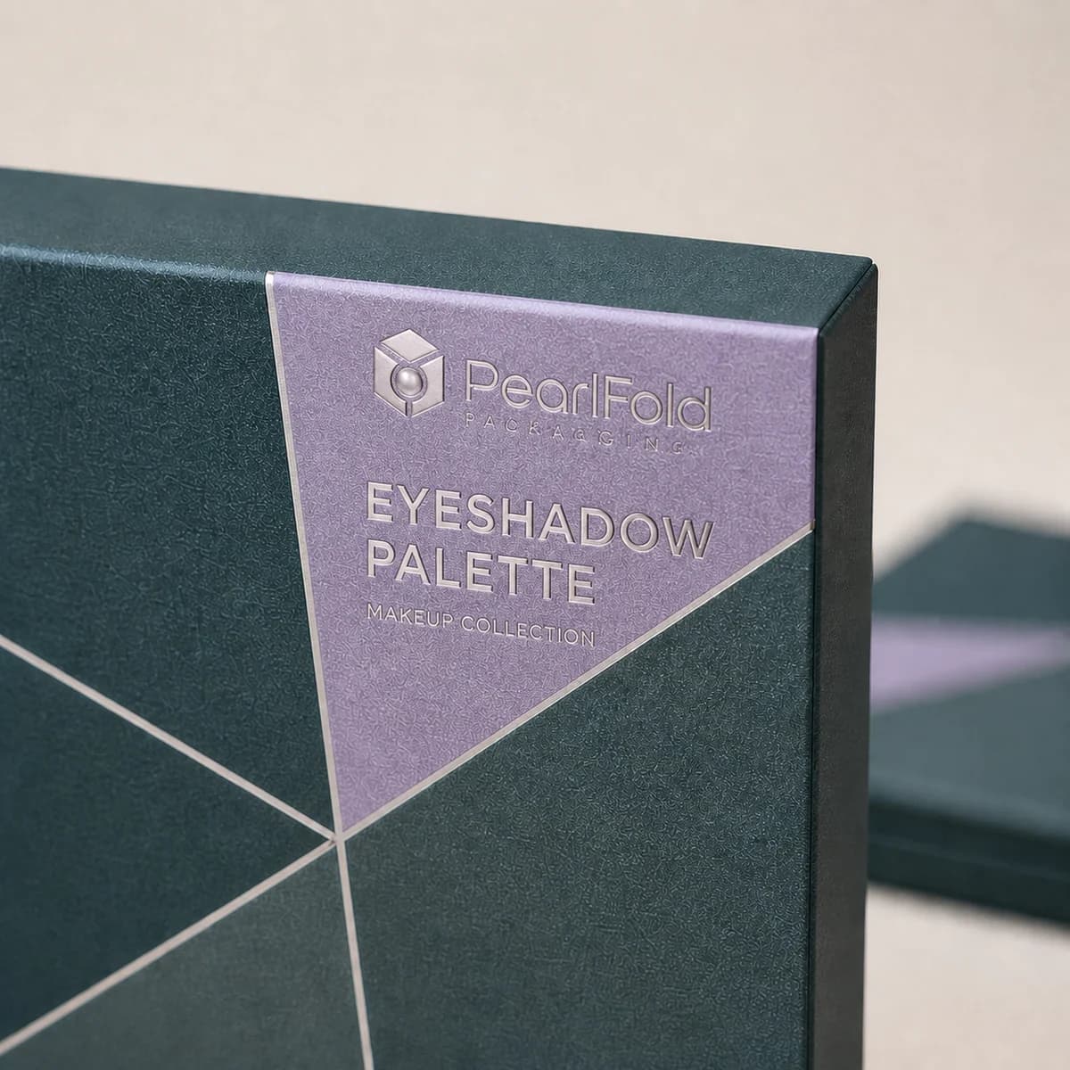 Close-up of custom eyeshadow palette box paper texture, print detail, and corner construction