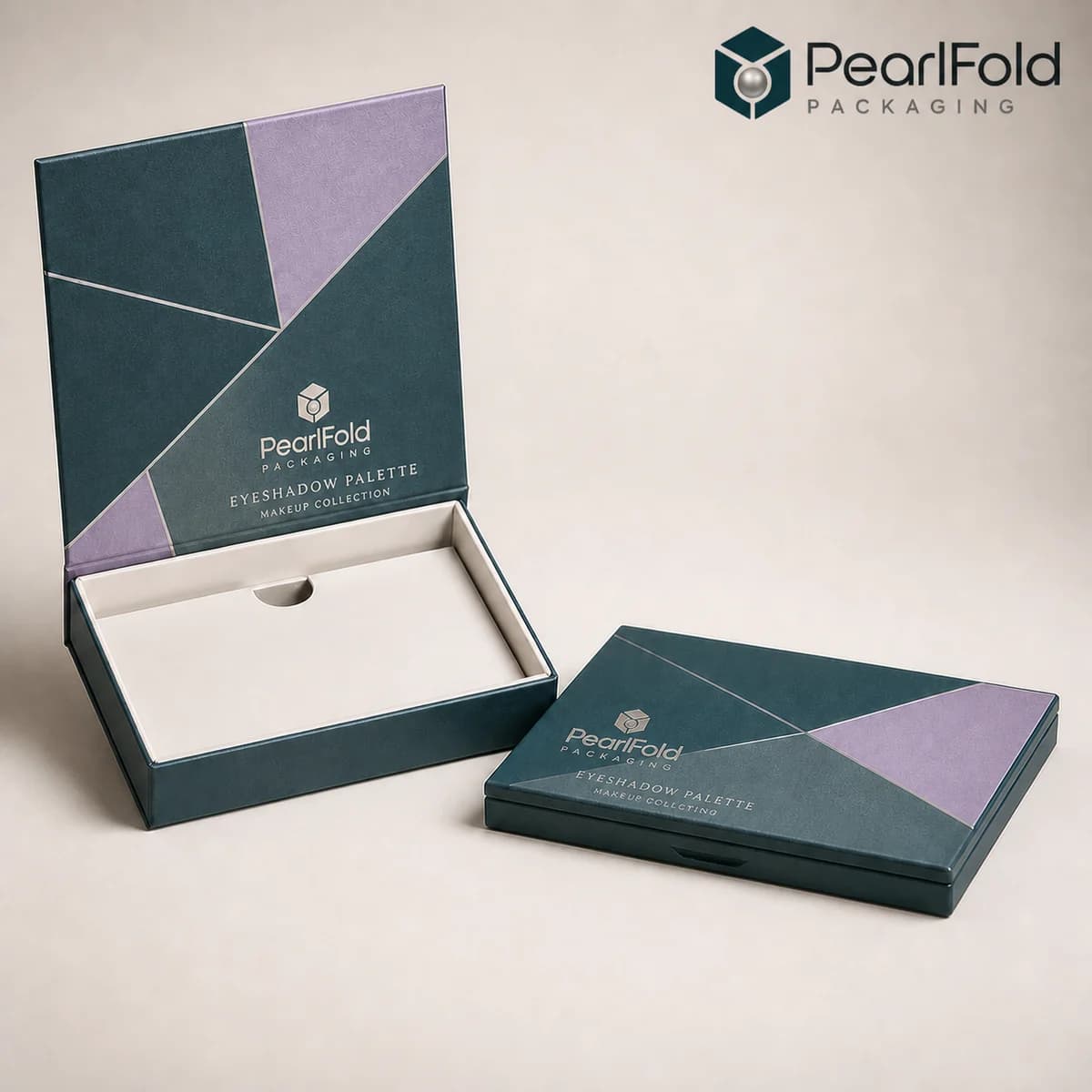 Open custom eyeshadow palette box showing its fitted insert and product presentation