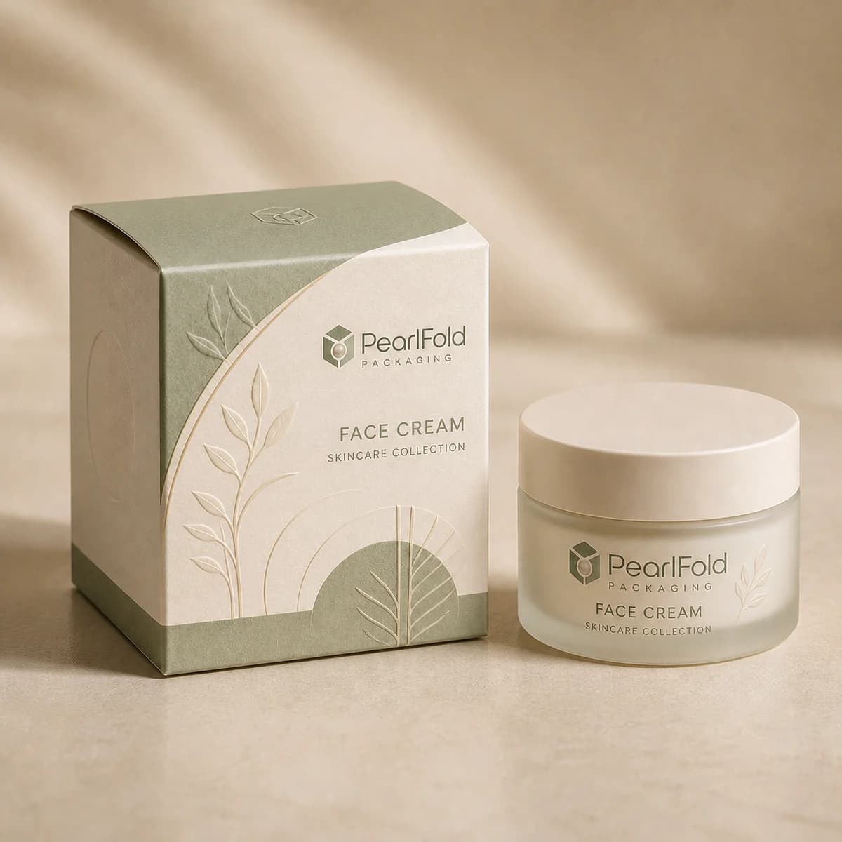 Custom face cream packaging shown from a three-quarter side angle