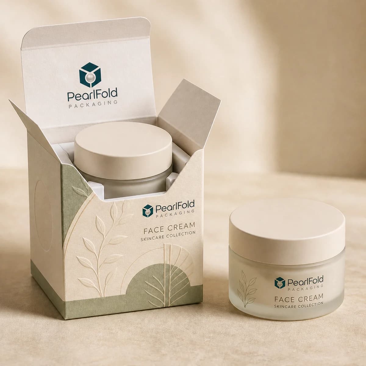 Open custom face cream box showing its fitted insert and product presentation
