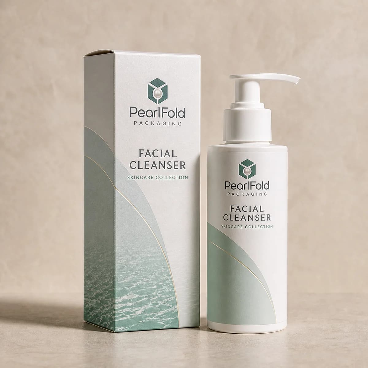 Custom facial cleanser box with matching product in a square studio photograph