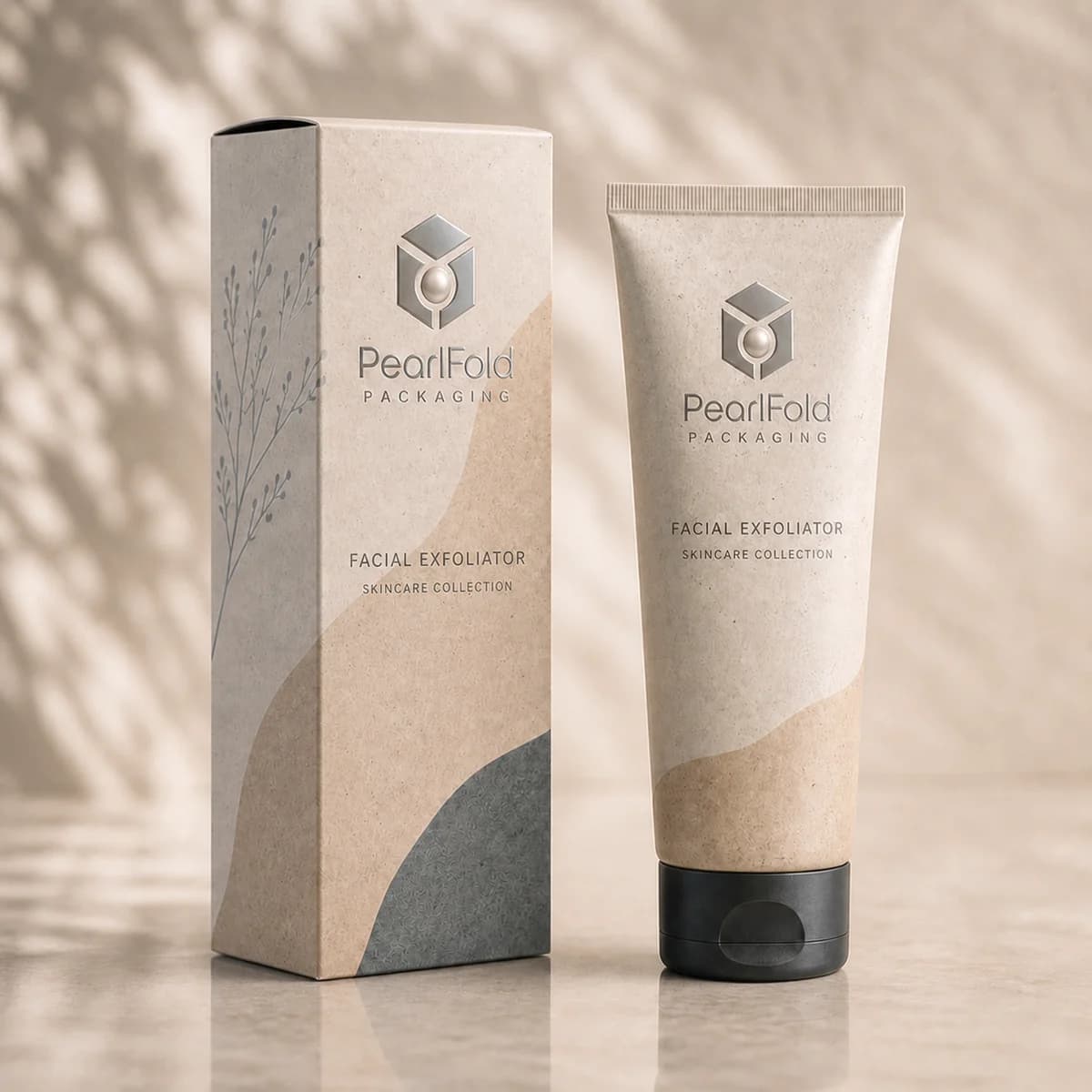 Custom facial exfoliator packaging shown from a three-quarter side angle