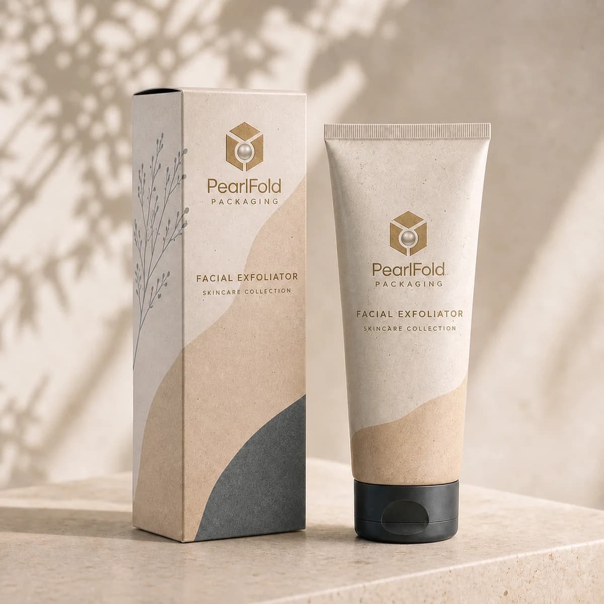 Custom facial exfoliator box in a premium square retail styling scene