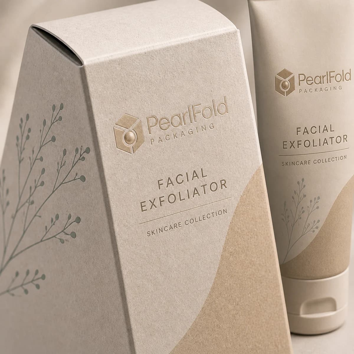 Close-up of custom facial exfoliator box paper texture, print detail, and corner construction