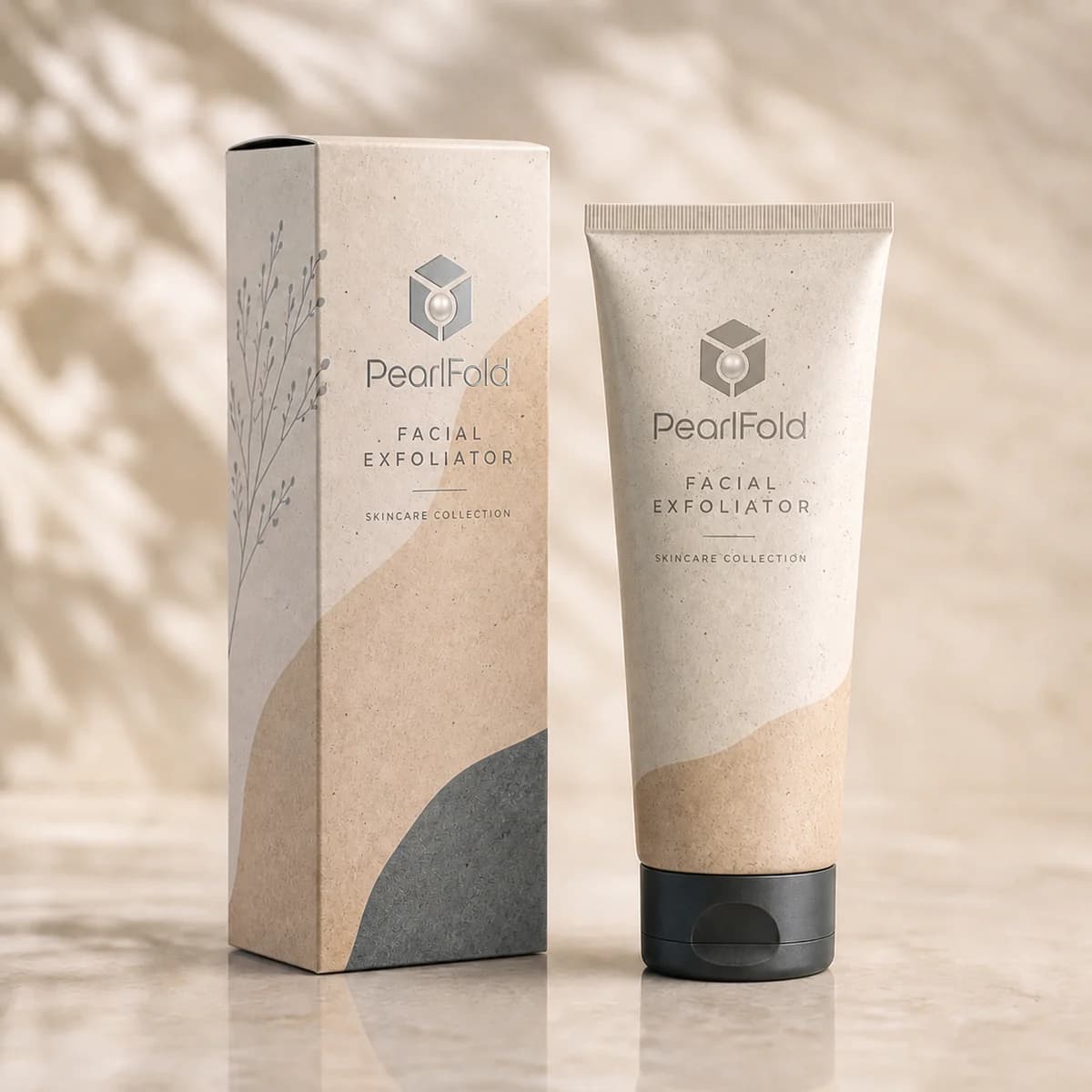 Custom facial exfoliator box with matching product in a square studio photograph