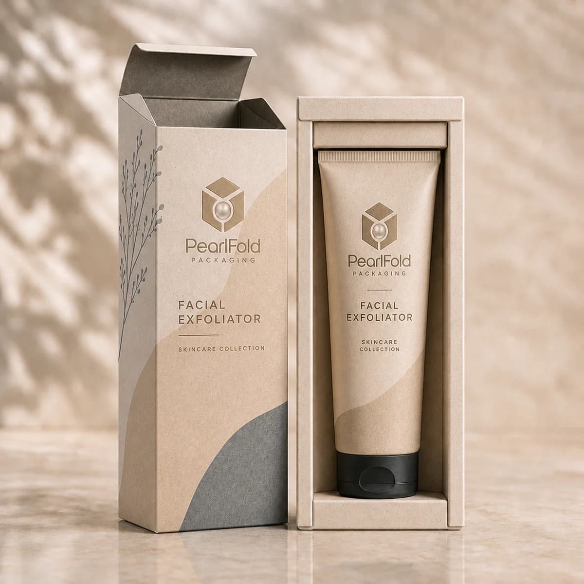 Open custom facial exfoliator box showing its fitted insert and product presentation