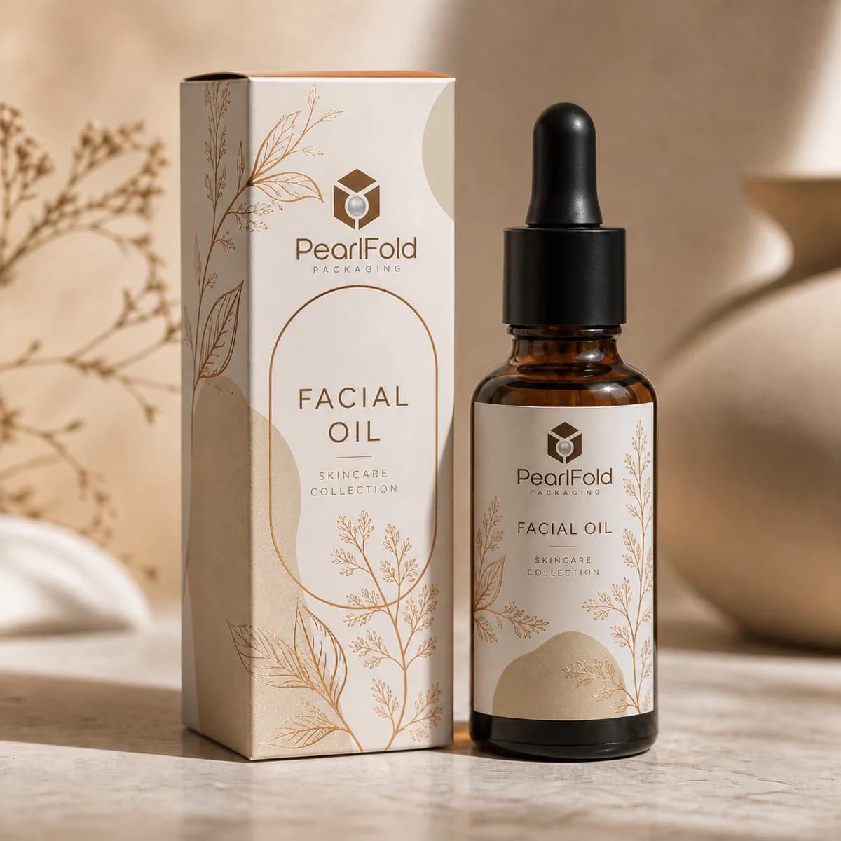 Custom facial oil box with matching product in a square studio photograph