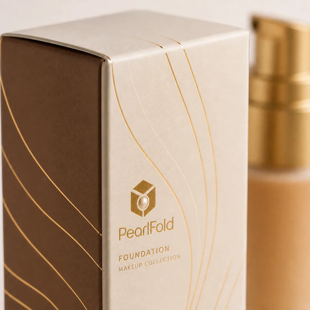 Close-up of custom foundation box paper texture, print detail, and corner construction