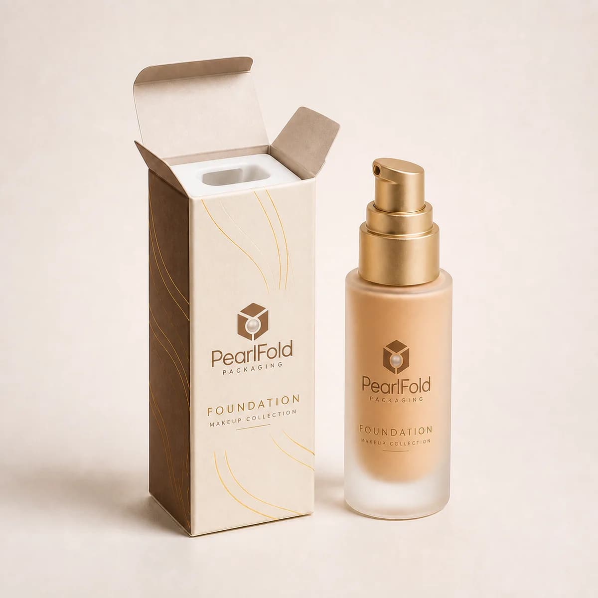 Open custom foundation box showing its fitted insert and product presentation