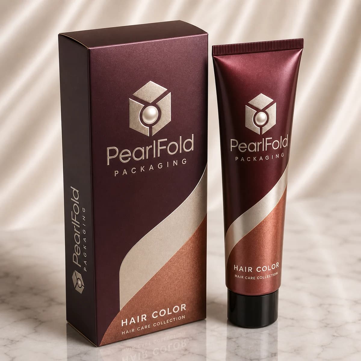Custom hair color packaging shown from a three-quarter side angle
