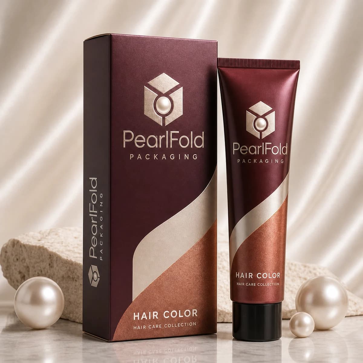 Custom hair color box in a premium square retail styling scene