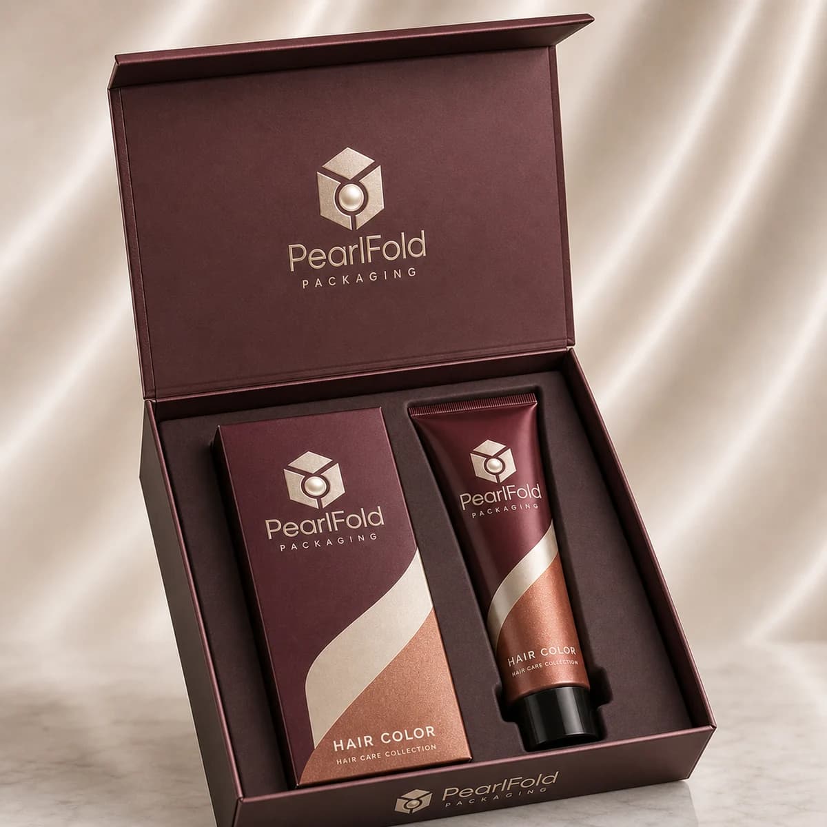 Open custom hair color box showing its fitted insert and product presentation