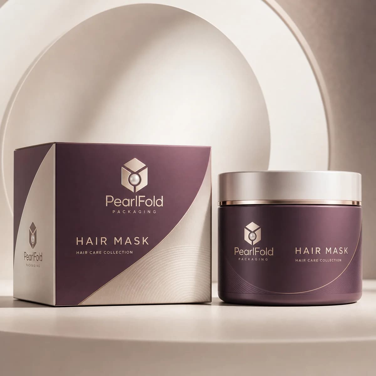 Custom hair mask box with matching product in a square studio photograph