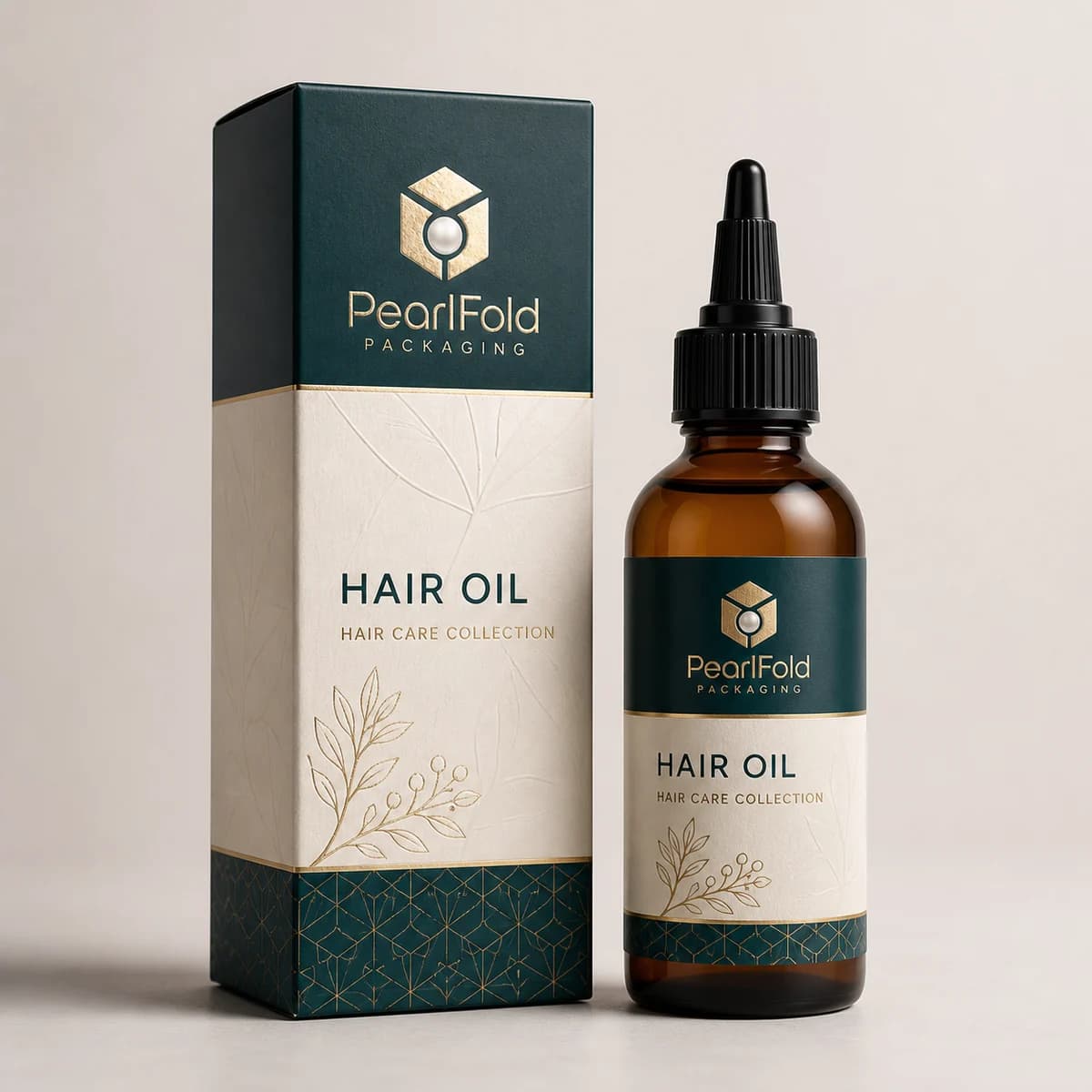 Custom hair oil box with matching product in a square studio photograph