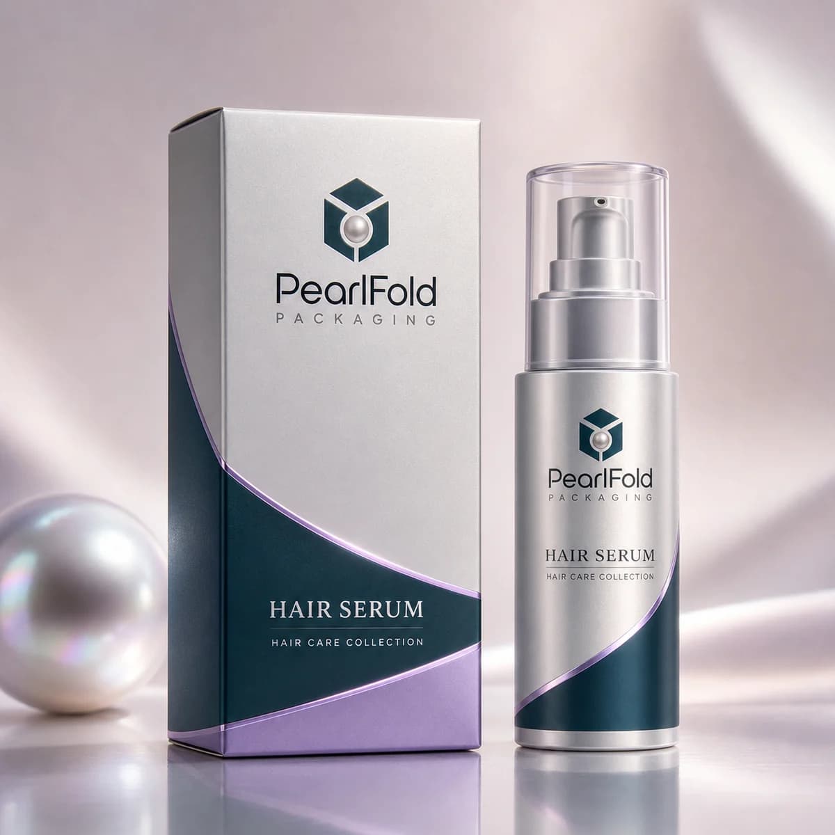 Custom hair serum box with matching product in a square studio photograph