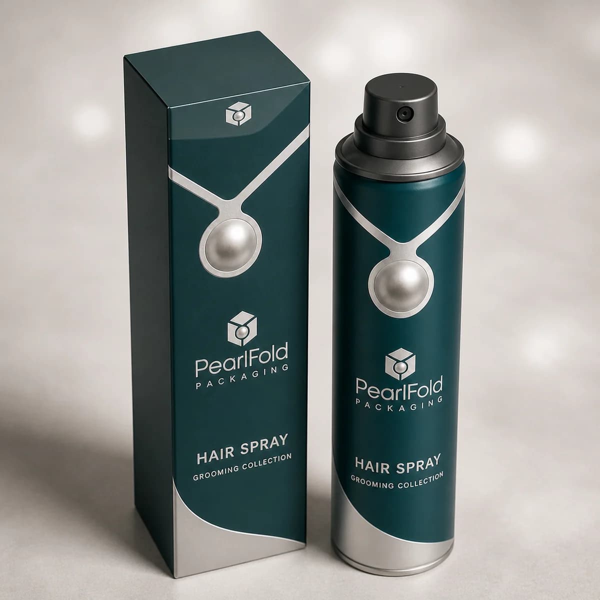 Custom hair spray packaging shown from a three-quarter side angle