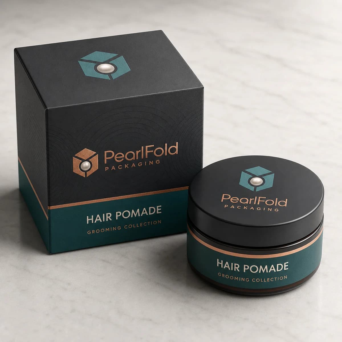 Custom hair wax & pomade box with matching product in a square studio photograph