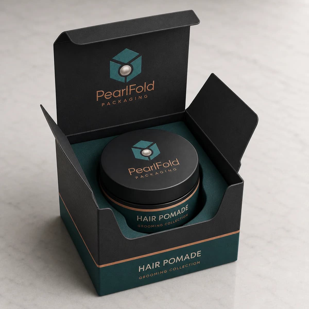 Open custom hair wax & pomade box showing its fitted insert and product presentation