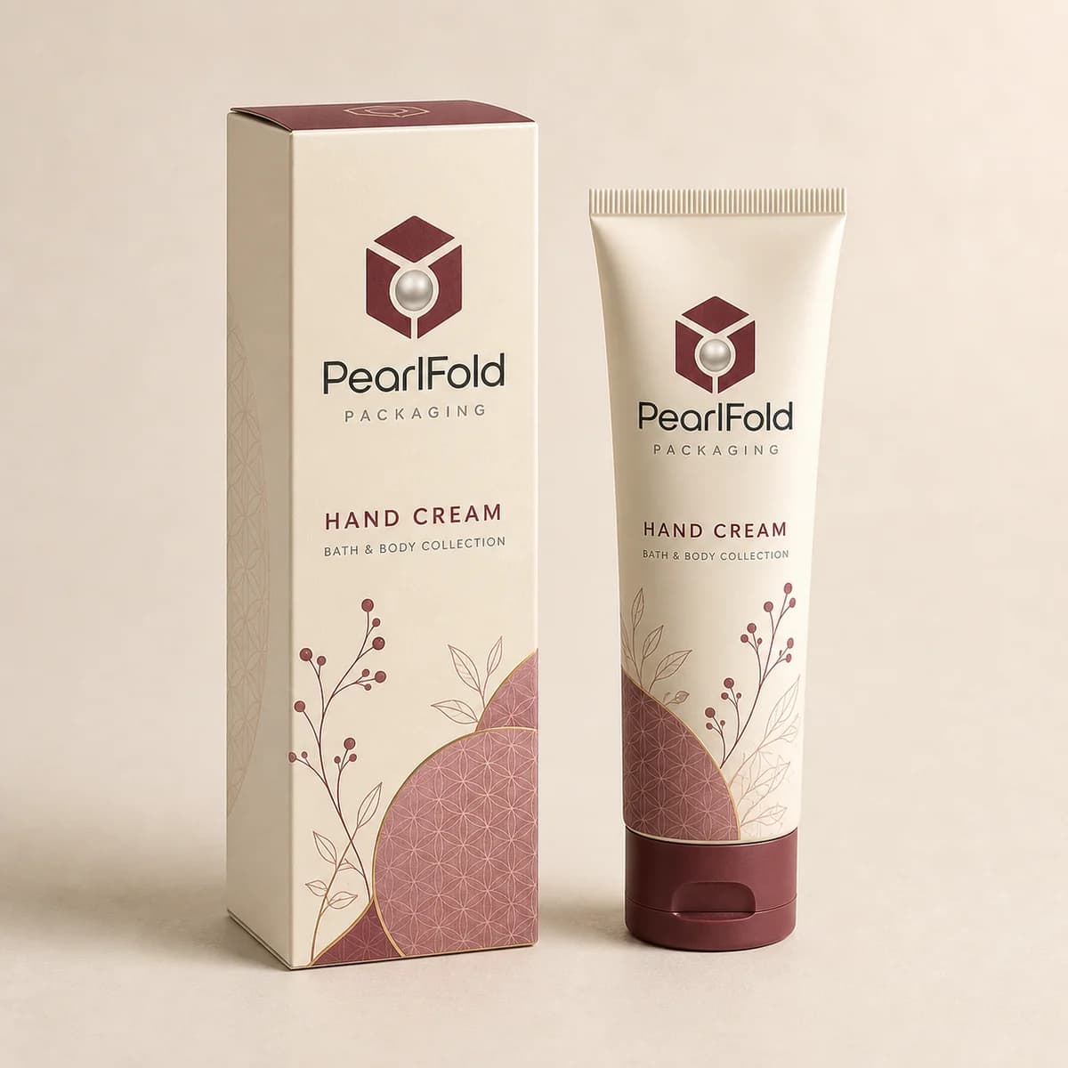 Custom hand cream box with matching product in a square studio photograph