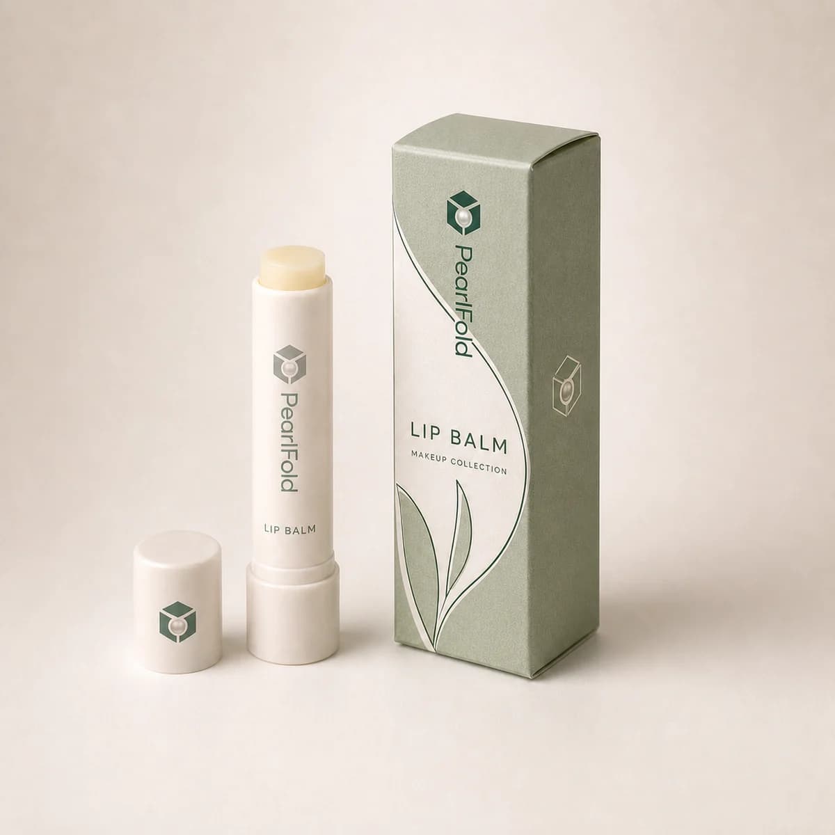 Custom lip balm packaging shown from a three-quarter side angle