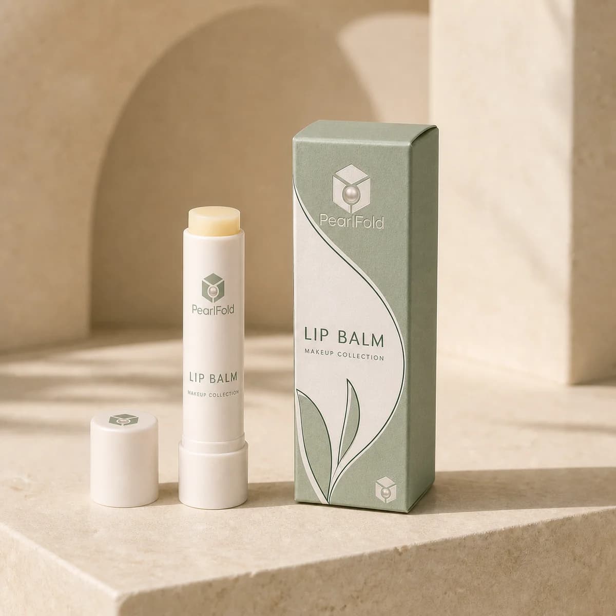 Custom lip balm box in a premium square retail styling scene
