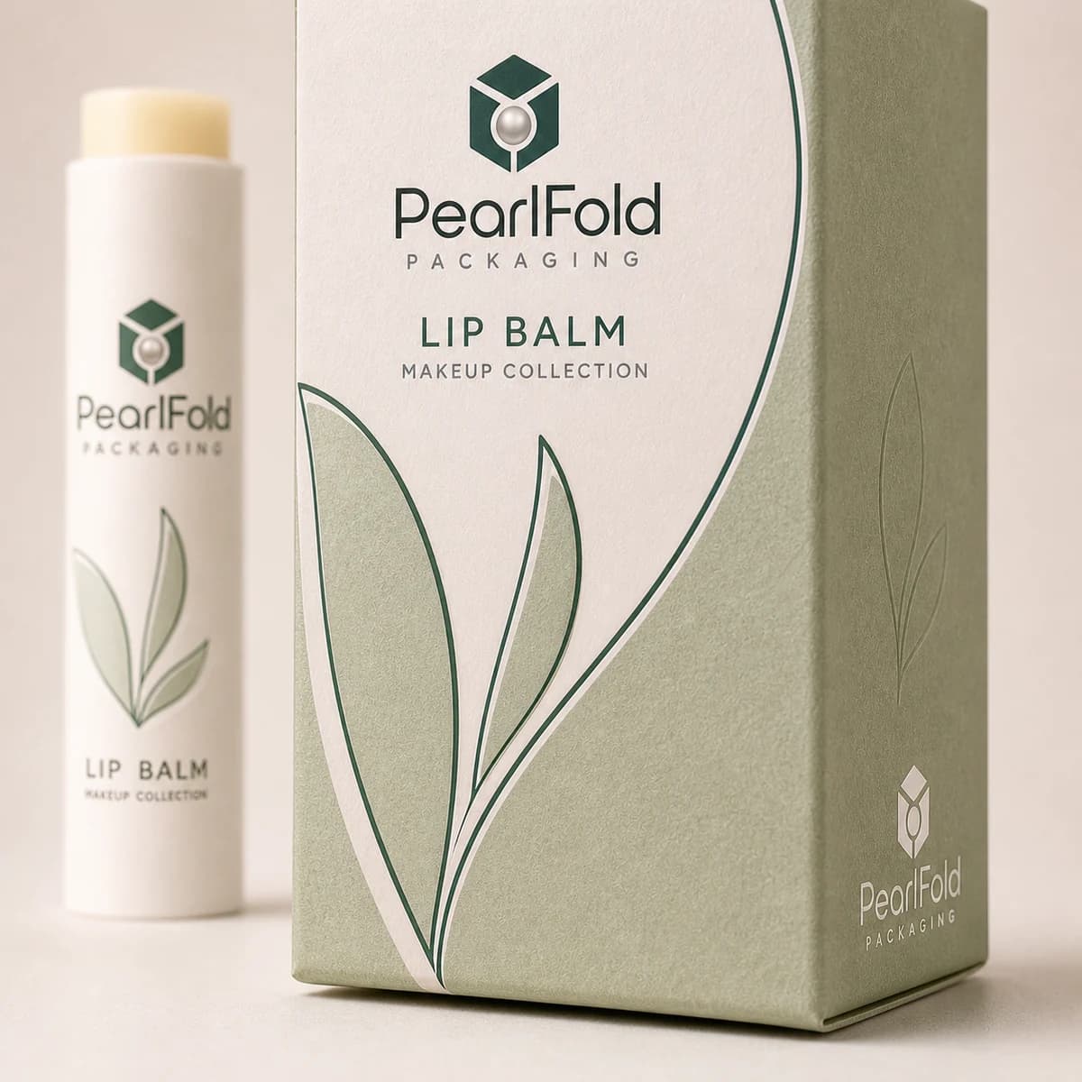 Close-up of custom lip balm box paper texture, print detail, and corner construction