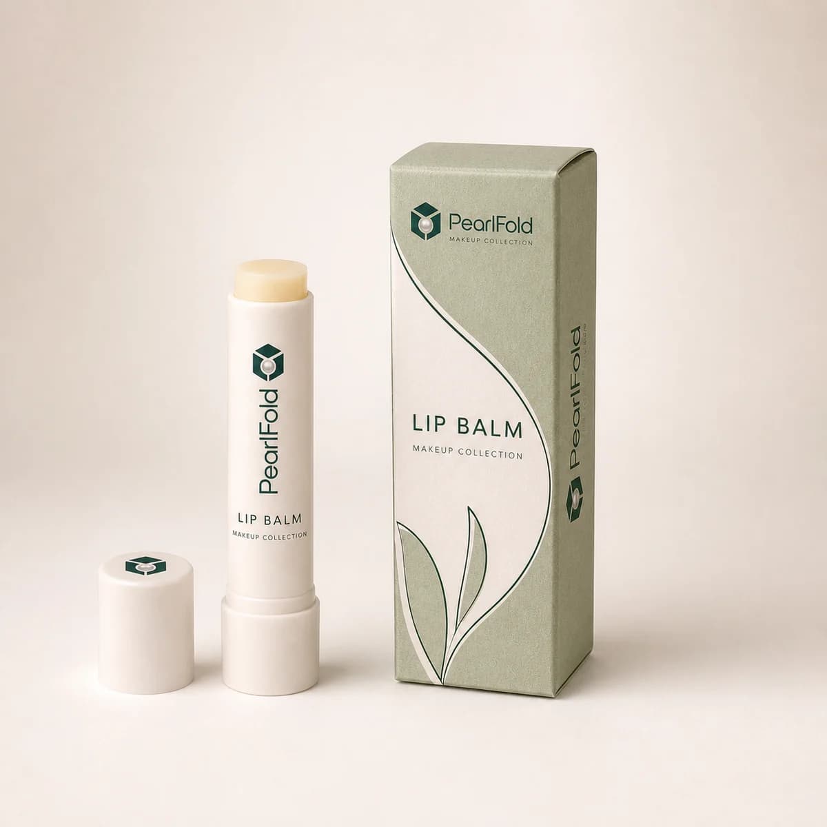 Custom lip balm box with matching product in a square studio photograph