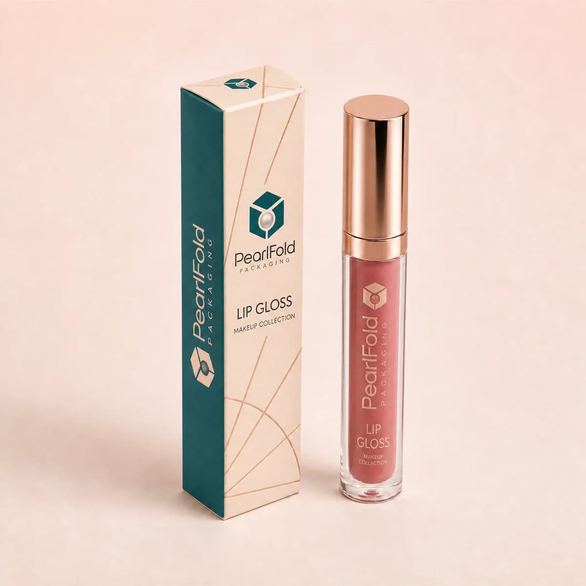 Custom lip gloss packaging shown from a three-quarter side angle