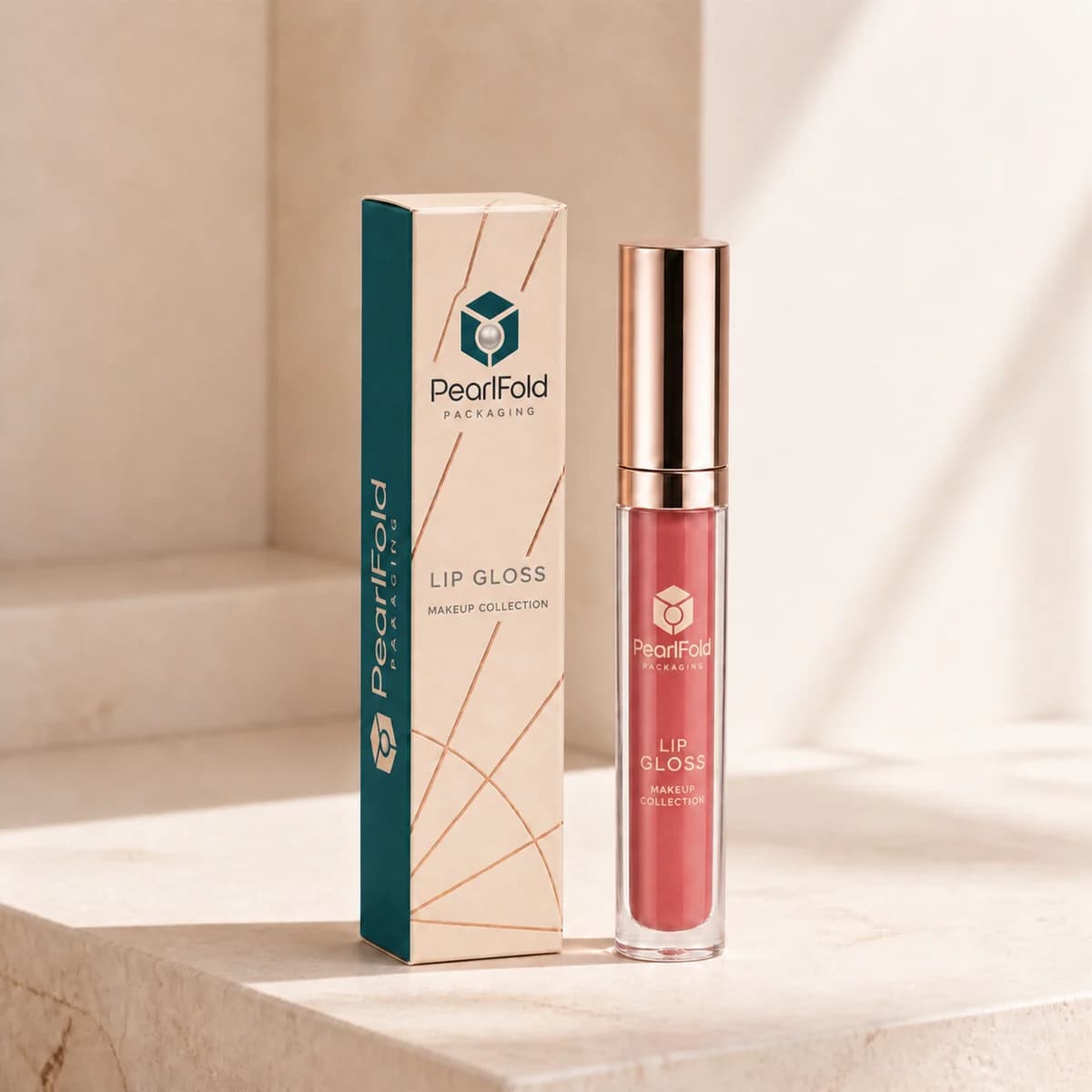 Custom lip gloss box in a premium square retail styling scene
