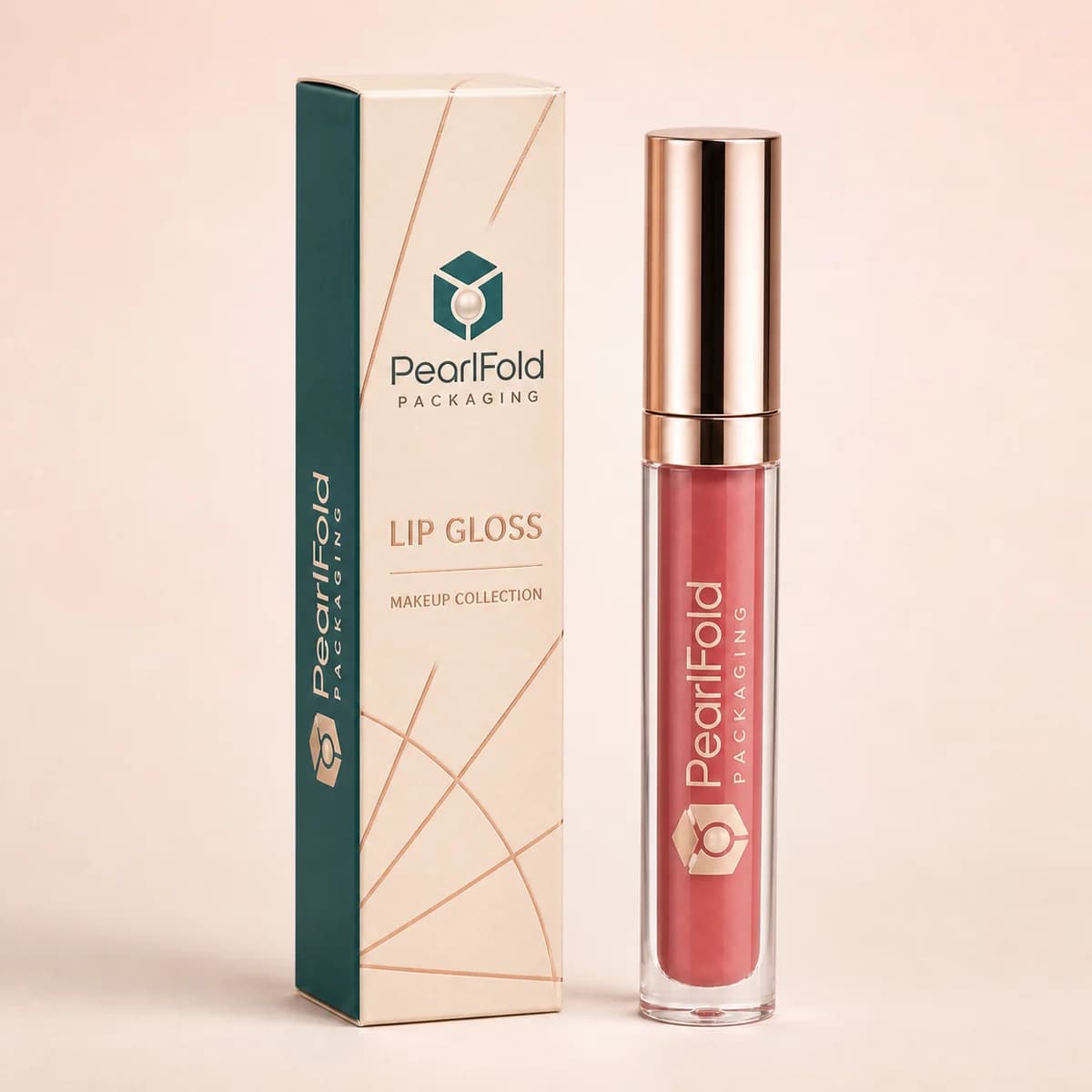 Custom lip gloss box with matching product in a square studio photograph