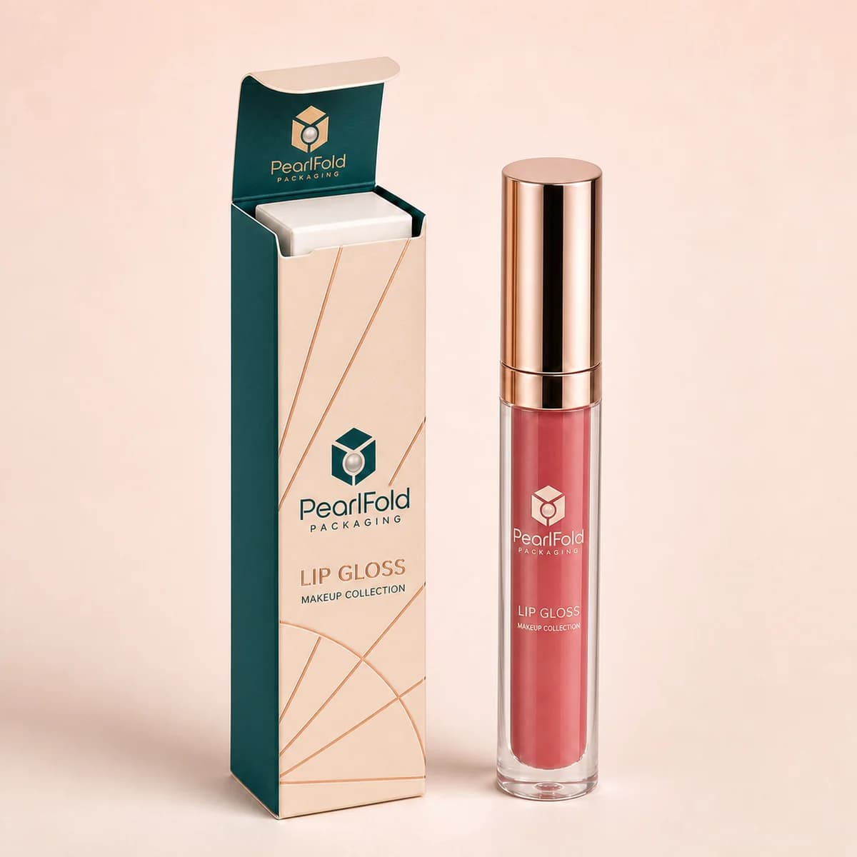 Open custom lip gloss box showing its fitted insert and product presentation