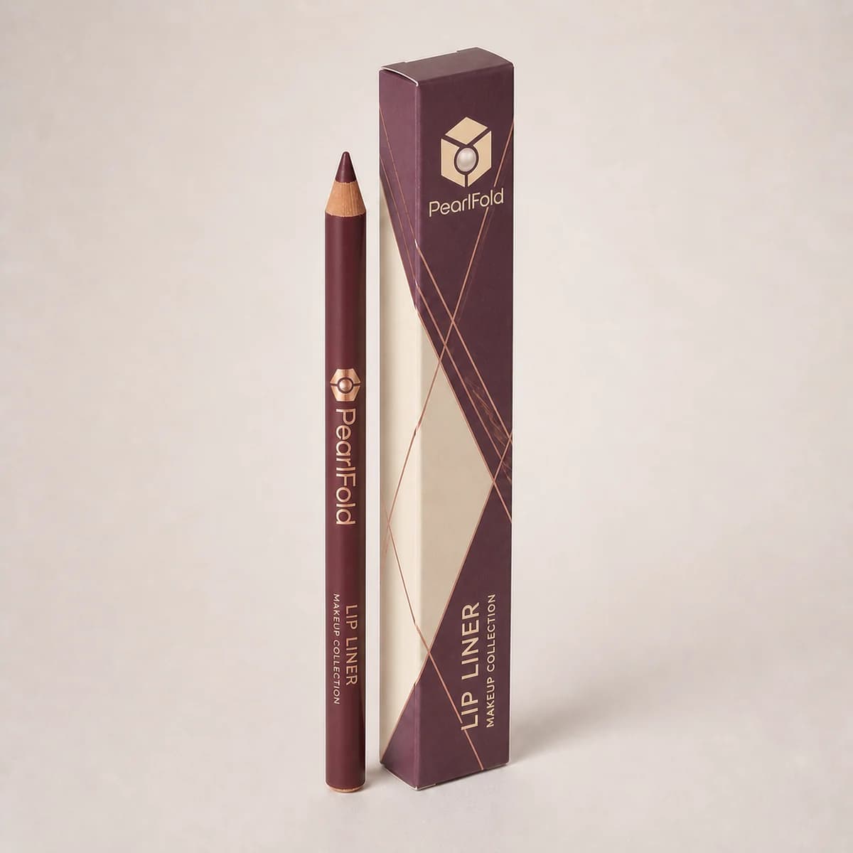 Custom lip liner packaging shown from a three-quarter side angle