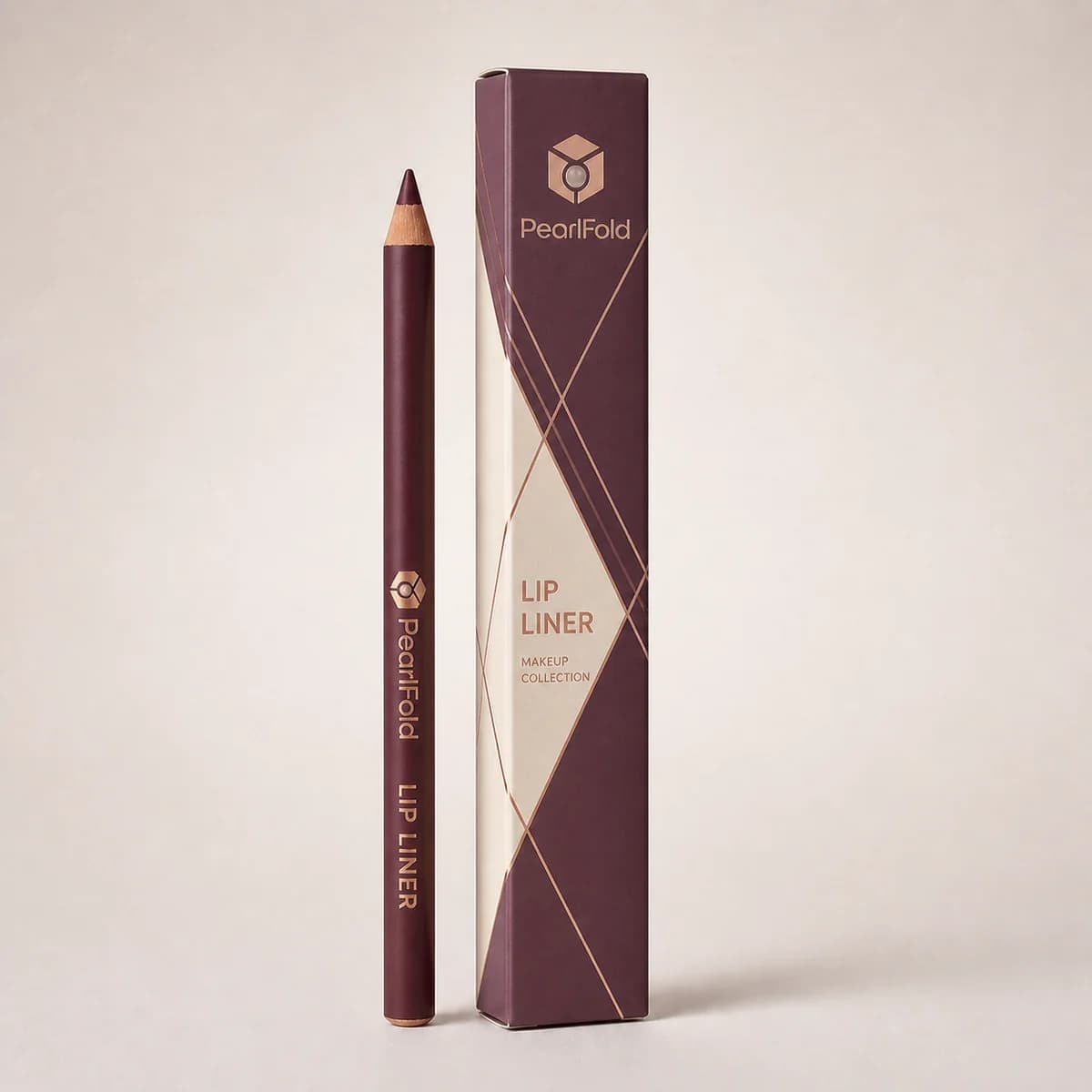 Custom lip liner box with matching product in a square studio photograph