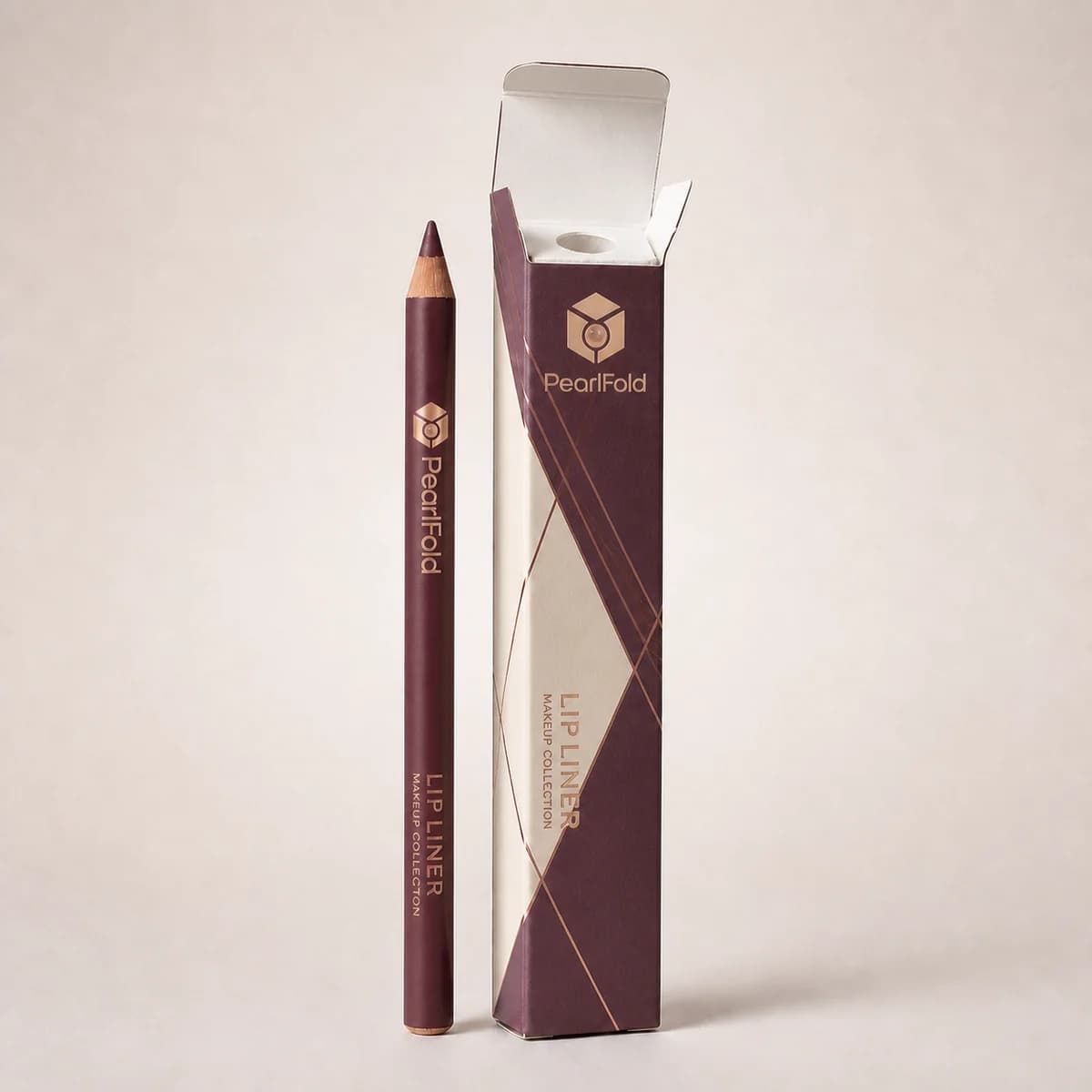Open custom lip liner box showing its fitted insert and product presentation